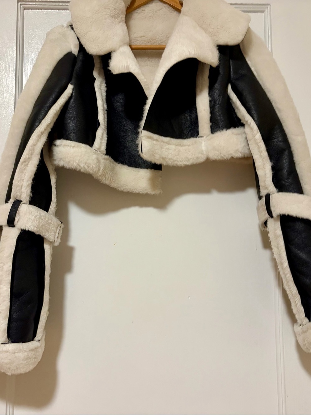 Black and Cream Faux Shearling Cropped Jacket